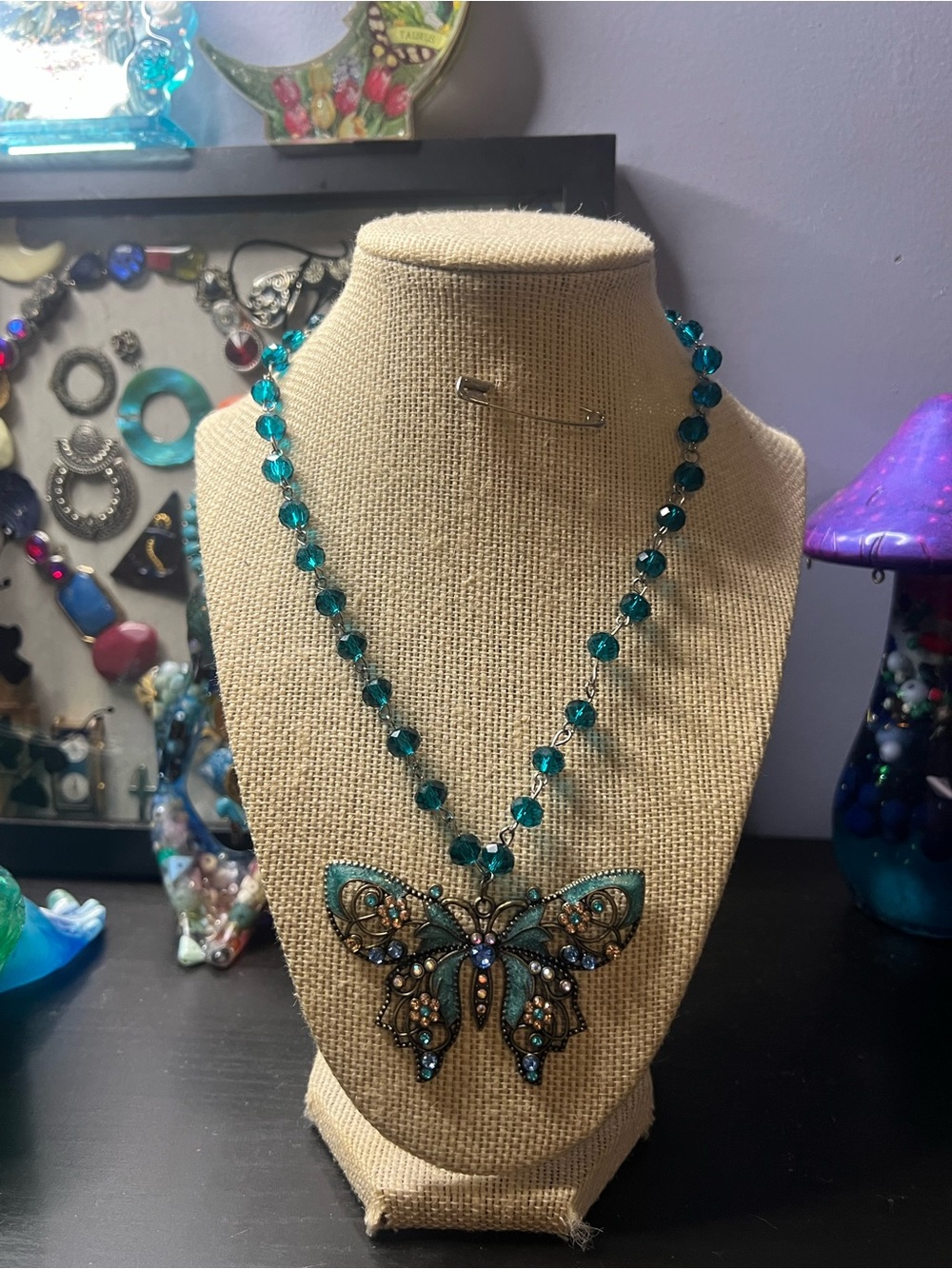 Handmade Blue Crystal Butterfly Pendant Necklace
